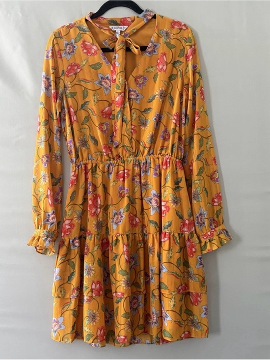 Nanette Lepore Dresses & Skirts - Nanette Lepore Mustard Floral Tie-Neck Dress
